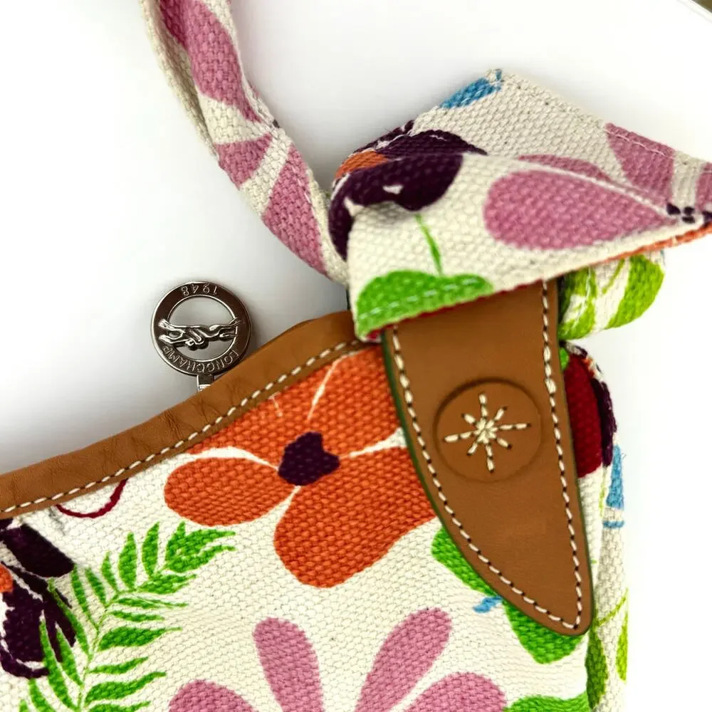 Longchamp Floral Canvas Leather Trim Shoulder Bag Baguette Made in France